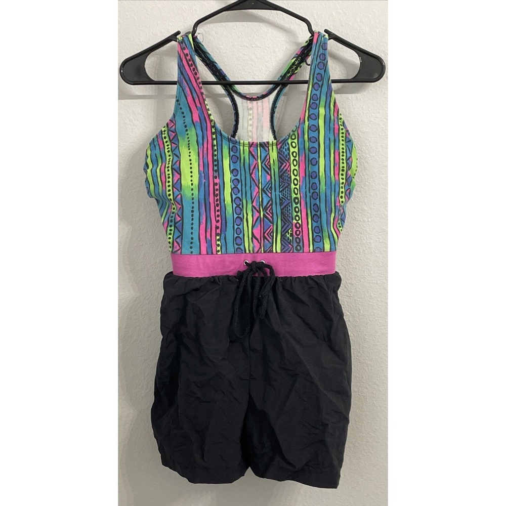 Vintage 80s/90's Neon Geometric Beach Swimsuit Shorts Romper Sz M Basic Editions